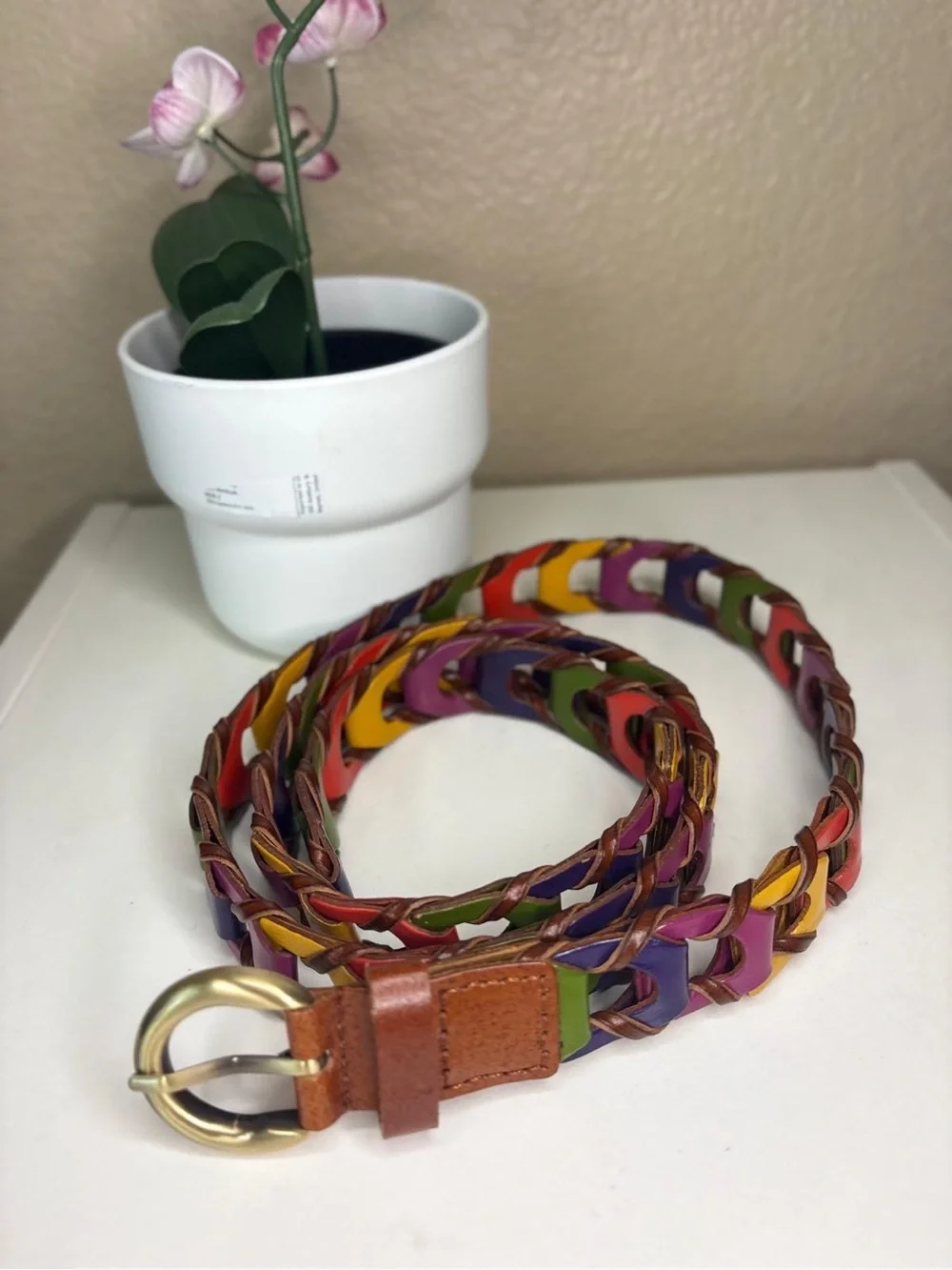 Multicolor Braided Leather Women's Belt with Gold-Tone Buckle